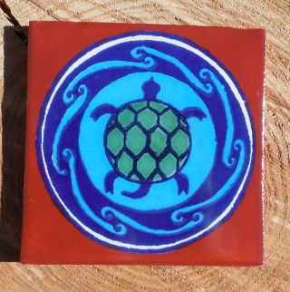 10 Talavera Mexican Pottery Tile 4 " Classic Sea Turtle Swimming Turquoise Blue