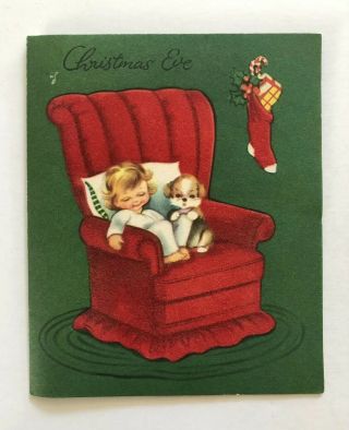 Vintage Christmas Card Girl Child Puppy Dog Stocking Red Chair Tree Holly Cute
