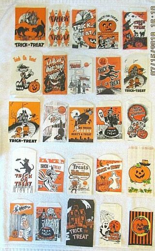 25 Vtg Htf Halloween Paper Trick Or Treat Candy Craft Bags Haunted House Witches