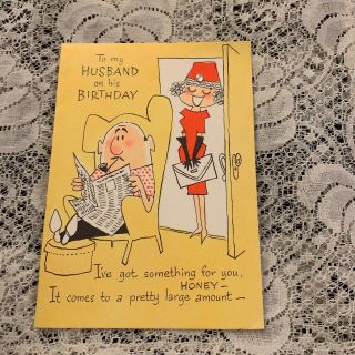 Vintage Greeting Card Birthday Husband Woman Wife At Door