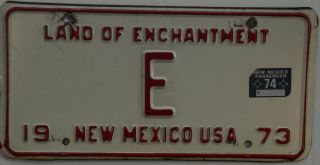 1973 74 Mexico License Plate Tag Single Initial E