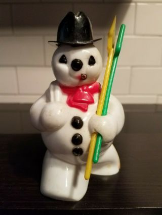 Vintage Rosbro Rosen Hard Plastic Snowman Holding Shovel And Broom