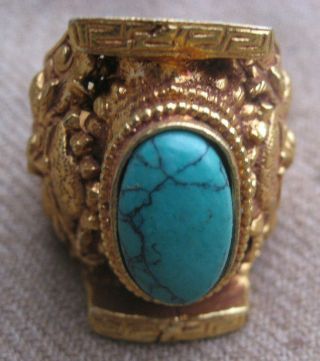 Antique Handmade Tibet Copper Gold Plated Turquoise Finger Ring,  Nepal