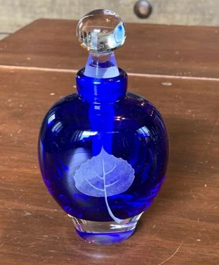 Signed Cobalt & Clear Studio Art Glass Perfume W/ Etched Leaf Design
