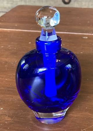 Signed Cobalt & Clear Studio Art Glass Perfume w/ etched LEAF design 5