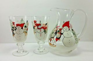 Oneida Juice Pitcher And Stemmed Glasses Christmas Snowman Hand Painted