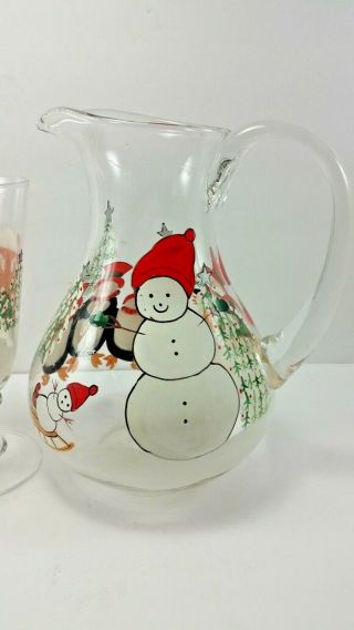 Oneida Juice Pitcher and Stemmed Glasses Christmas Snowman Hand Painted 2
