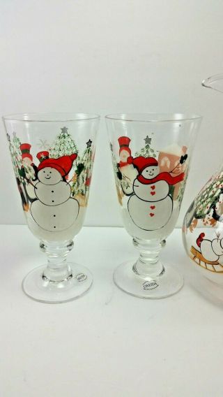 Oneida Juice Pitcher and Stemmed Glasses Christmas Snowman Hand Painted 3