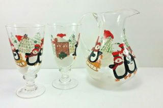 Oneida Juice Pitcher and Stemmed Glasses Christmas Snowman Hand Painted 4