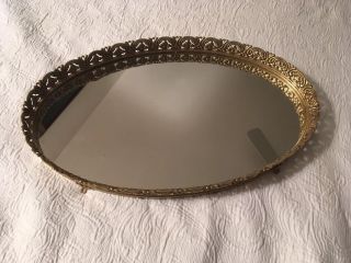 16.  5” X 10” Oval Vintage Mirror Vanity Dresser Tray Gold Tone Brass Footed