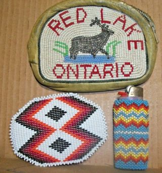 Vintage Red Lake Ontario Beaded Money Pouch,  Native American Buckle Ligher Cover