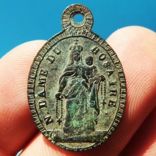 RARE OUR LADY OF THE ROSARY MEDAL ANTIQUE CHRISTIAN SYMBOL 19TH CENTURY CHARM 2