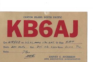 1949 Kb6aj Canton Island Qsl Radio Card.  Stamps