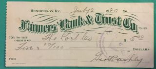 Farmers’ Bank & Trust Co. ,  Henderson,  Kentucky 1920 Cancelled Check