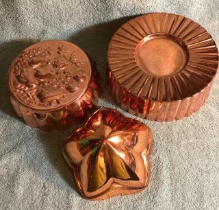 3 Large Vintage Heavy Copper Jello Cake Food Molds Tin Lined