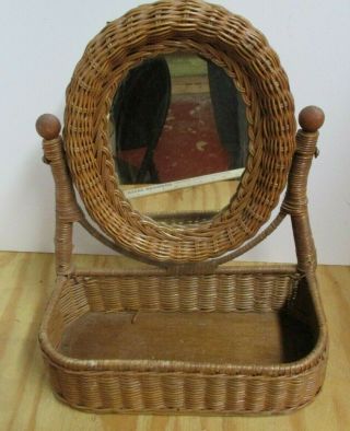 Vintage Wicker/ Rattan Vanity Swivel Mirror With Tray