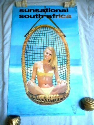 C 1960s South Africa Tourist Poster Blond Bikini Beauty In Swing Surf Sun