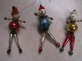 3 Rare Vintage Mercury Glass Figural Christmas Ornament Chenille Little Men