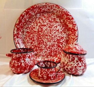 Splatterware Enamelware Granite Dishes 6 Piece Set Cgs Red & White