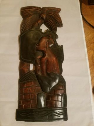 African Wood Carving Wall Art Hanging Hand Carved Wooden Plaque Sculpture.  Rare