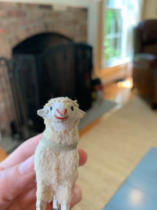 Putz Sheep Wooly Stick Leg Composition Antique Germany German Toy Blue Collar