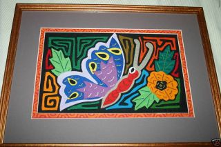 Custom Framed Matted Kuna Mola Hand Stitched Applique Butterfly Fabric Art Dfm2 -