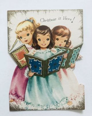 Vintage Die Cut Christmas Card Pretty Angel Girls Pink Dress Carol Music Book