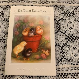 Vintage Greeting Card Easter Rust Craft Chickadees Planter