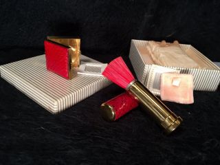 Vtg/ Antique? Miniature Blush Compact Lipstick Tube Blush Brush Brass/ Gold