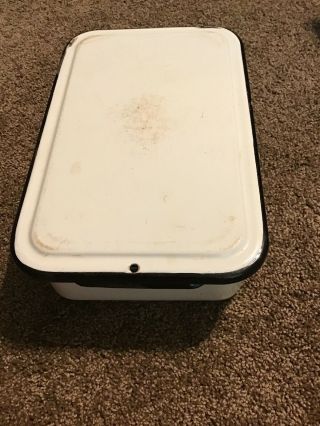 Vintage White & Black Enamel Fridge Refrigerator Ice Box W/ Lid Metal Container