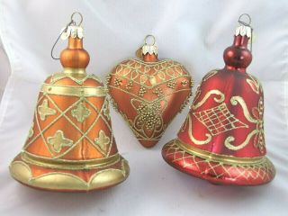 3 Large Ornate Glass Christmas Ornaments Vintage Poland Heart Bells