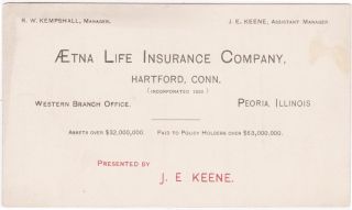 Rare 1800s Aetna Life Insurance Co Je Keene Representing Business Card Peoria Il