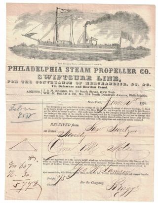 Philadelphia Steam Propeller Co.  Bill Of Lading 1858 Swiftsure Line Ship Graphic