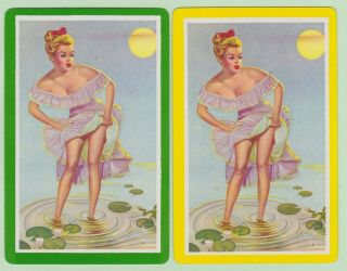 2 Single Vintage Swap/playing Cards Pin Up Lady In Pond Lily Pads,  Frog