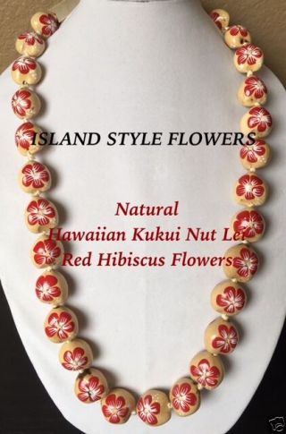 Hawaii Wedding Natural Kukui Nut Lei Graduation Luau Necklace Hibiscus Red