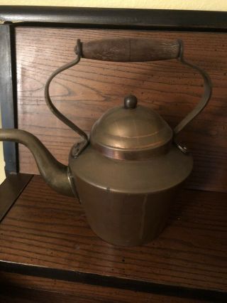 Antique Vintage Copper Tea Kettle Teapot With Wooden Handle Vintage