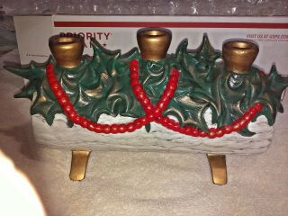 Vintage Ceramic Holiday Christmas Yule Log Centerpiece,  3 Candle Holders,  Holly 2