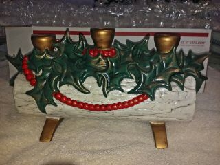 Vintage Ceramic Holiday Christmas Yule Log Centerpiece,  3 Candle Holders,  Holly 3