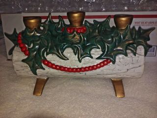 Vintage Ceramic Holiday Christmas Yule Log Centerpiece,  3 Candle Holders,  Holly 4