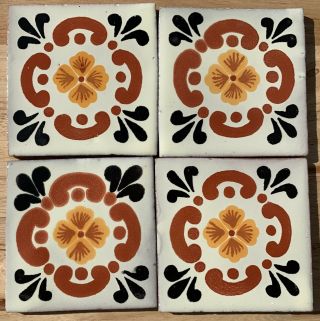 10 Talavera Mexican Pottery Tile 4 " Classic Terra Cotta Black Gold White Ville