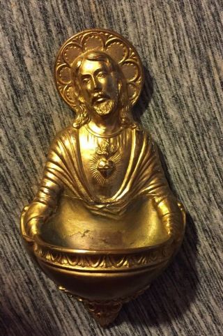 Antique 1894 Jennings Brothers Holy Water Font Brass Jesus