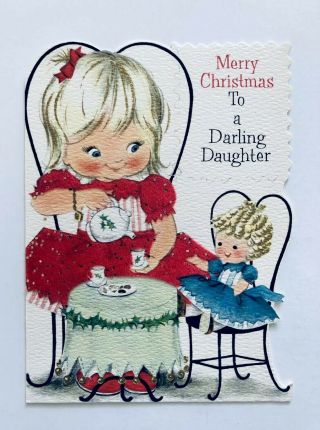Vintage Hallmark Christmas Card Girl Red Glitter Flocked Dress Doll Tea Party