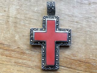 Vintage 925 Sterling Silver Red Stone Marcasite Cross Pendant 9.  2 Grams