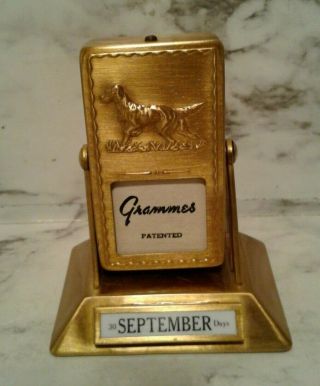 Vintage Grammes Hunting Dog Retriever Brass Perpetual Desk Flip Top Calendar