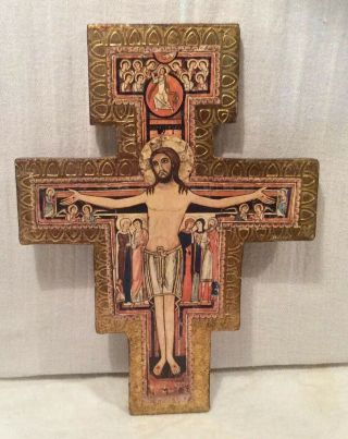 Vintage San Damiano Wooden Wall Crucifix St.  Francis Cross,  (mark Made In Italy