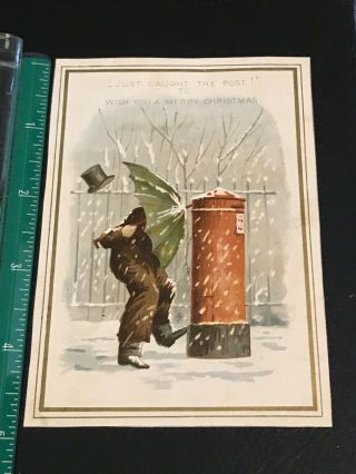 Victorian Christmas Card Man In Wind