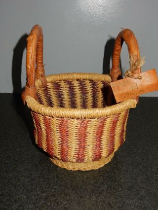 African Round Elephant Grass Weaved Bolga Basket Made In Ghana Leather Handles