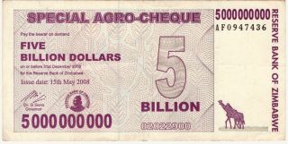 Orig 2008 Zimbabwe Five Billion Dollar Banknote,  Currency,  Hyperinflation Int.