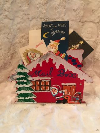 Vintage Christmas Card Holder Folding Wood Santas Mail Box Japan W Cards