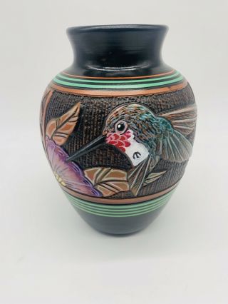 Native American Navajo Hand Etched And Painted Humming Bird Pottery By P Lansing